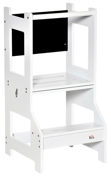 Torre Scala Montessoriana per Bambini 42x44x86 cm con Sgabello e Lavagna Bianca