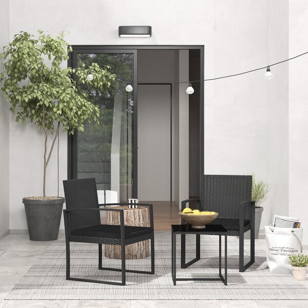 Outsunny Set da Giardino 3 Pezzi con 2 Sedie con Cuscini e Tavolino con Piano in Vetro, Effetto Rattan Nero|Aosom