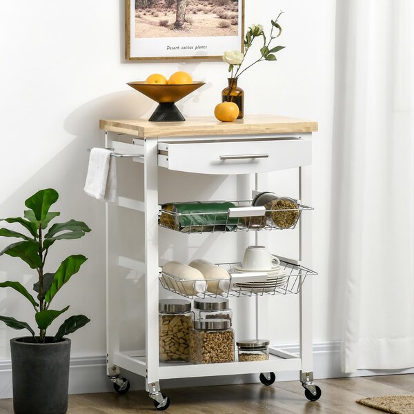 Carrello da Cucina 63x40x86 cm 1 Cassetto 2 Cestini in MDF e Legno Bianco