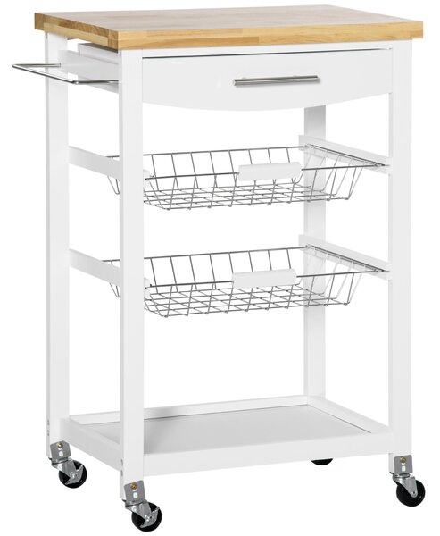 Carrello da Cucina 63x40x86 cm 1 Cassetto 2 Cestini in MDF e Legno Bianco