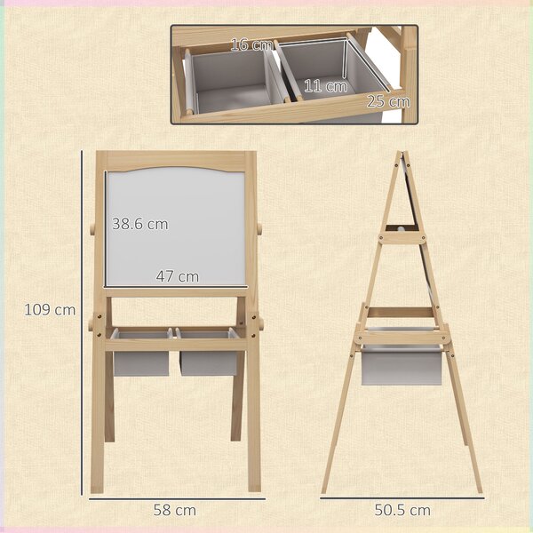 AIYAPLAY Lavagna per Bambini con Cavalletto 3 in 1 e Cestini, Età 3-6 anni, 58x50.5x109cm, Color legno|Aosom