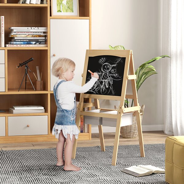 AIYAPLAY Lavagna per Bambini con Cavalletto 3 in 1 e Cestini, Età 3-6 anni, 58x50.5x109cm, Color legno|Aosom