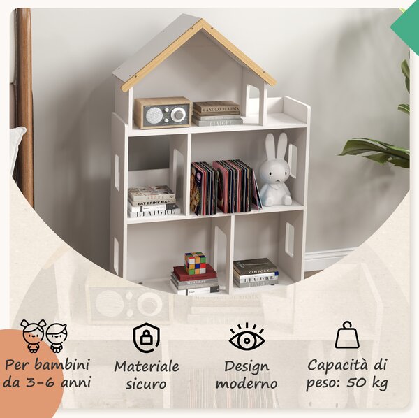ZONEKIZ Libreria per Bambini 3-6 Anni a 3 Livelli per Libri e Giochi, in MDF e Legno di Pino, 65x25x108.5 cm, Bianco|Aosom