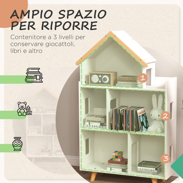ZONEKIZ Libreria per Bambini 3-6 Anni a 3 Livelli per Libri e Giochi, in MDF e Legno di Pino, 65x25x108.5 cm, Bianco|Aosom