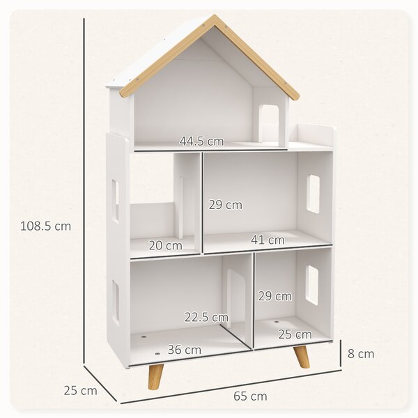 ZONEKIZ Libreria per Bambini 3-6 Anni a 3 Livelli per Libri e Giochi, in MDF e Legno di Pino, 65x25x108.5 cm, Bianco|Aosom