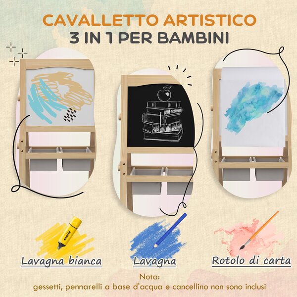 AIYAPLAY Lavagna per Bambini con Cavalletto 3 in 1 e Cestini, Età 3-6 anni, 58x50.5x109cm, Color legno|Aosom