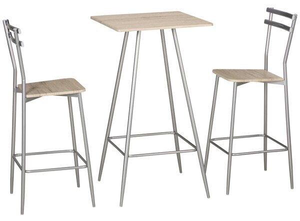 Set Bar Tavolino Alto e 2 Sgabelli da Giardino in Acciaio e Legno Quercia