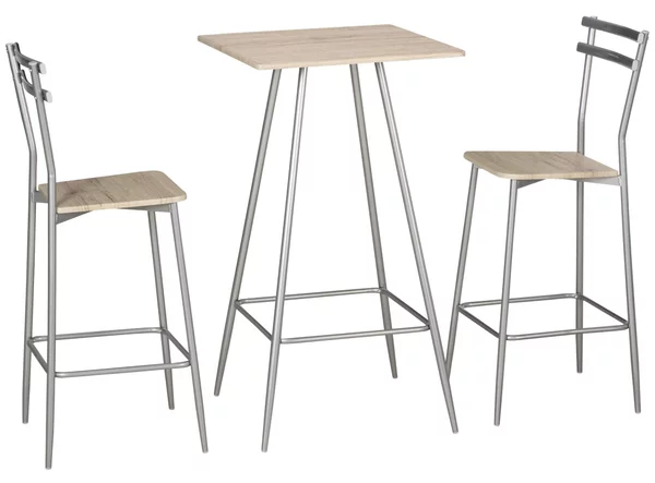 Set Bar Tavolino Alto e 2 Sgabelli da Giardino in Acciaio e Legno Quercia