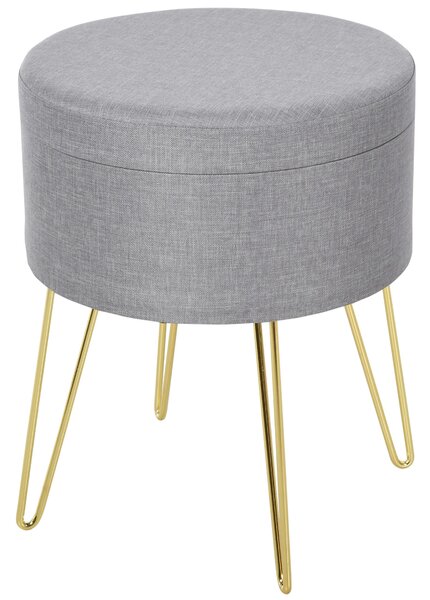 Pouf Contenitore 2 in 1 36x36x45 cm in Metallo Oro e Tessuto Grigio