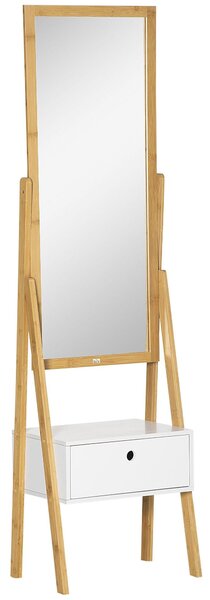 Specchio da Terra 45x30x160 cm con Cassetto in MDF e Bambù Bianco e Color Legno