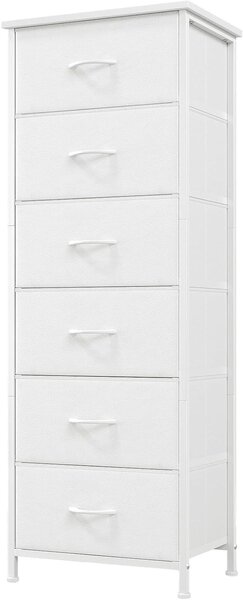Comodino con cassetto rivestito in tessuto - Mobile contenitore - Organizzazione della camera da letto - Struttura in acciaio - 115H cm - Bianco