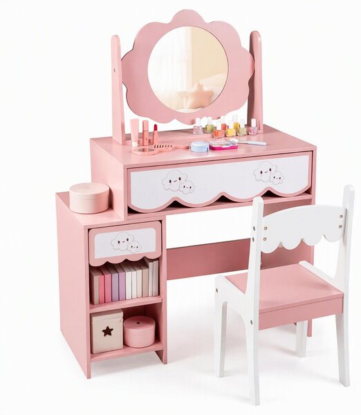 KOMFOTTEU: Tavolino da trucco per bambini in legno, con 2 cassetti, 2 ripiani aperti e ripiano regolabile, modello "Principessa"