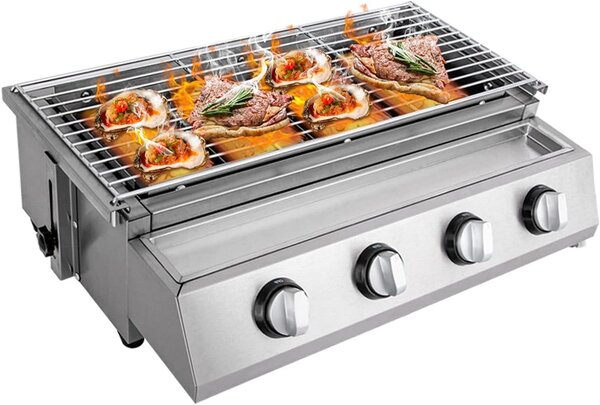 Griglia a gas da tavolo - Mini barbecue - Cucina all'aperto - 4 bruciatori indipendenti - 55,8 x 23,2 cm - Argento