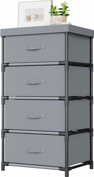 Comodino contenitore - Mobiletto con 4 cassetti - Organizzazione della camera da letto - Struttura in acciaio robusta - Dimensioni: 335" x 1733" x 134" - Grigio