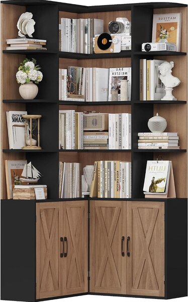 Libreria Hoek - Mobile a forma di L - Ottimizzazione dello spazio - 12 vani con ante - Altezza 187 cm - Noce nero
