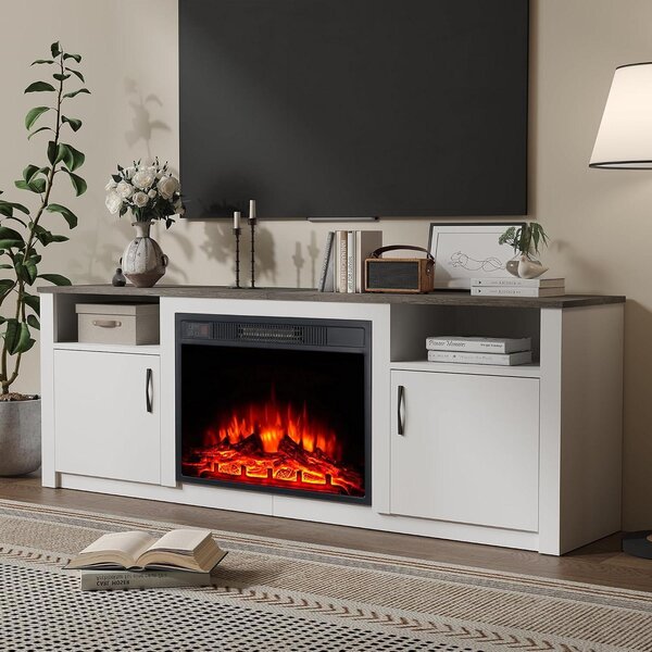 Mobile TV con camino elettrico - Centro multimediale - Arredamento soggiorno - Effetto fiamme realistico - Larghezza 157 cm - Bianco
