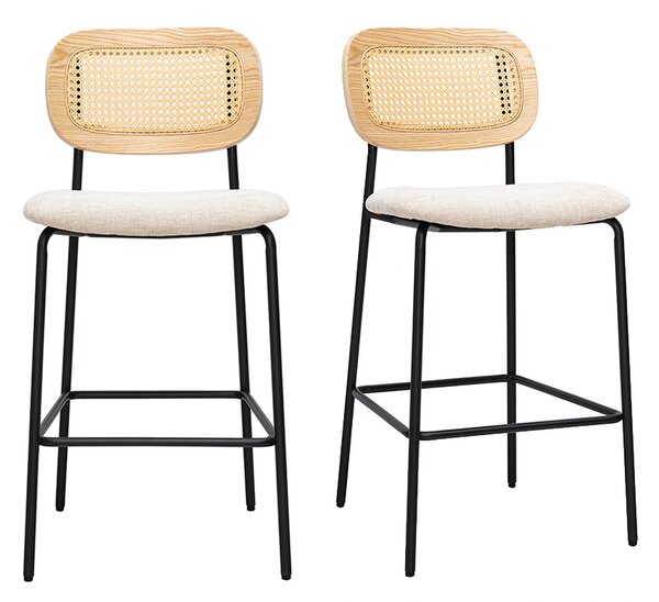 Sgabelli di design in tessuto effetto velluto testurizzato beige, metallo nero e intreccio in rattan (lotto di 2) MIRANDA
