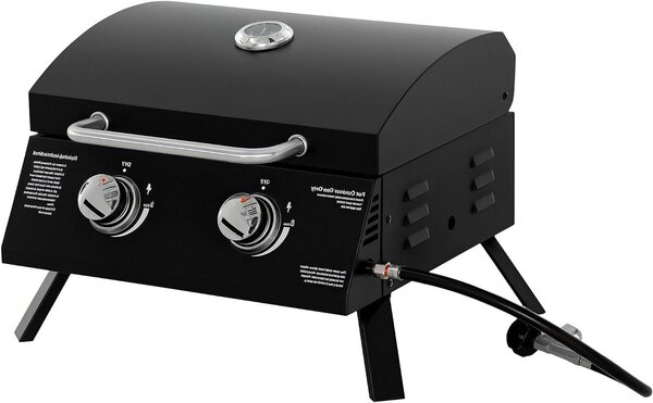 Griglia per barbecue a gas - Barbecue portatile - Cucina all'aperto - Due bruciatori - 55 x 46,5 cm - Nero