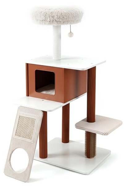 KOMFOTTEU, tiragraffi moderno per gatti, con palo da graffio, palo con spazzole, tappetino in sisal, cuccia, piattaforma, casetta, altezza 130 cm, mobile stabile per gattini e gatti adulti