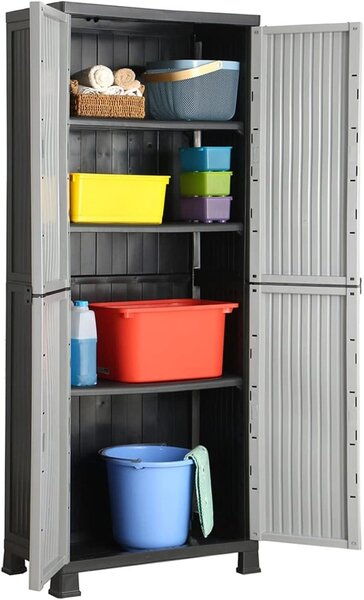 Armadietto da giardino - Contenitore in plastica - Organizzazione degli spazi - 4 ripiani regolabili - 68 x 39 x 1715 cm - Grigio