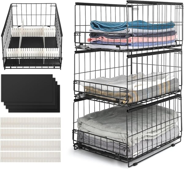 Organizzatore per armadio - Sistema di contenitori - Risparmio di spazio - Design impilabile - 3 pezzi - Nero