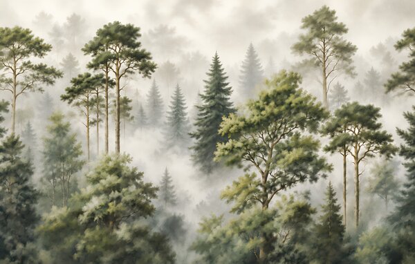 Carta da parati Foresta nebbiosa con alberi, Carta da parati Natura, Carta da parati popolare, t00854 - Tapeko.it