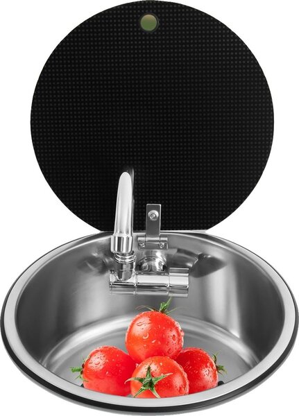 Lavello a vasca singola, acciaio inox 304, diametro 34 cm, altezza 15 cm, rubinetto ribaltabile, forma rotonda