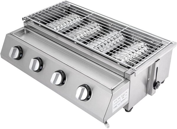 Griglia a gas - Griglia da tavolo - Cucina all'aperto - 4 bruciatori - Superficie di cottura 56x23 cm - Argento