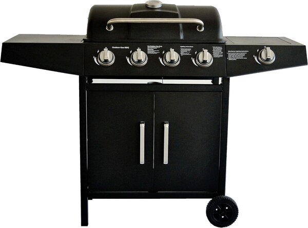Barbecue a gas - Cucina esterna con griglia - Ideale per preparare grandi pasti - Sistema con 4+1 bruciatori - Dimensioni: 132x50x105 cm - Colore: nero