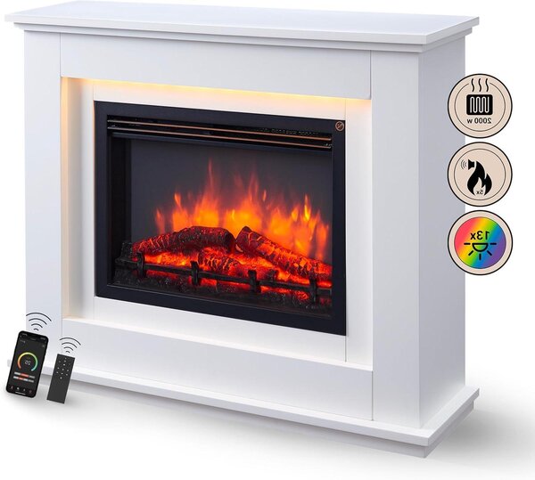 Camino elettrico - Camino con funzione riscaldante - Crea atmosfera - Effetto fiamma 3D - Potenza riscaldante: 2000 W - Colore: bianco