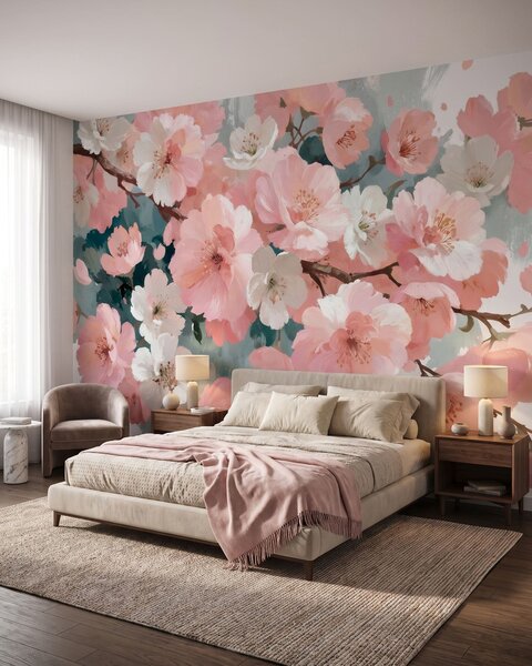 Carta da parati Fiori di ciliegio in fiore, con fiori rosa e bianchi, in stile, Carta da parati Foresta, Carta da parati Alberi, w09912 : Uwalls.it
