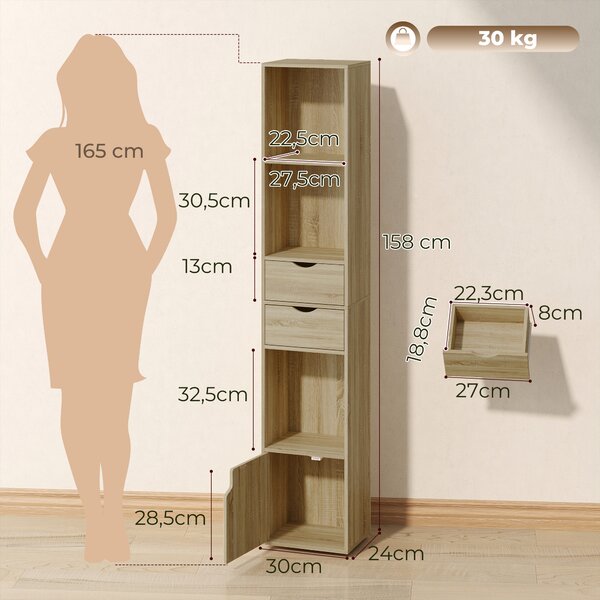 HOMCOM Libreria 6 Ripiani Con Cassetto, Sportello, Mensole Aperte, 30x24x158 Cm, Rovere | Aosom Italy