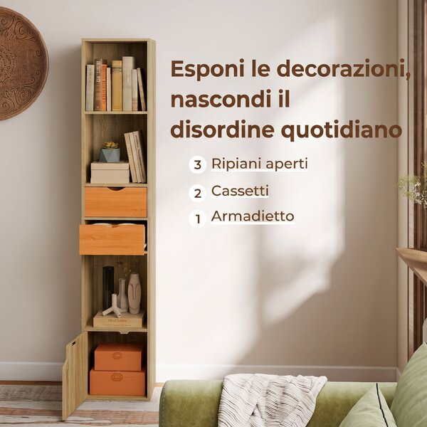 HOMCOM Libreria 6 Ripiani Con Cassetto, Sportello, Mensole Aperte, 30x24x158 Cm, Rovere | Aosom Italy