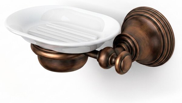 Portasapone sospeso in acciaio inox LINEA LIBERTY Dimensioni 17x12xh 7 cm con piattino in porcellana bianca finitura Bronzo
