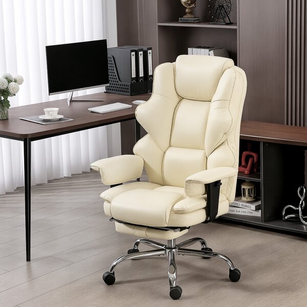 HOMCOM Sedia da Ufficio con Poggiapiedi e Poggiatesta, in Pelle PU, Schiuma e Metallo, 76x73x117-125 cm, Bianco Crema | Aosom Italy
