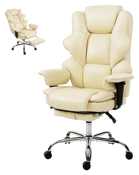 HOMCOM Sedia da Ufficio con Poggiapiedi e Poggiatesta, in Pelle PU, Schiuma e Metallo, 76x73x117-125 cm, Bianco Crema | Aosom Italy