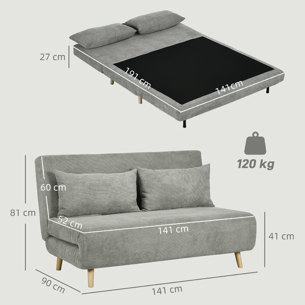 HOMCOM Divano Letto 2 posti con Schienale a 3 angolazioni Regolabile e 2 Cuscini, in Tessuto Effetto Lino, 141x90x81 cm, Grigio | Aosom Italy