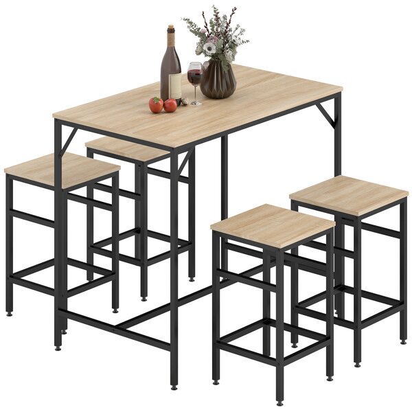 HOMCOM Set Tavolo Alto con 4 Sgabelli Stile Industriale in Metallo e Legno, Arredamento Moderno Soggiorno e Cucina, Marrone, Rovere Chiaro|Aosom Italy
