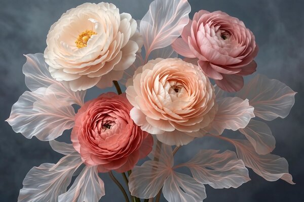 Carta da parati Mazzo di peonie e ranuncoli nei toni del pesca e del rosa su sfondo scuro, Carta da parati Floreale, w09926 : Uwalls.it