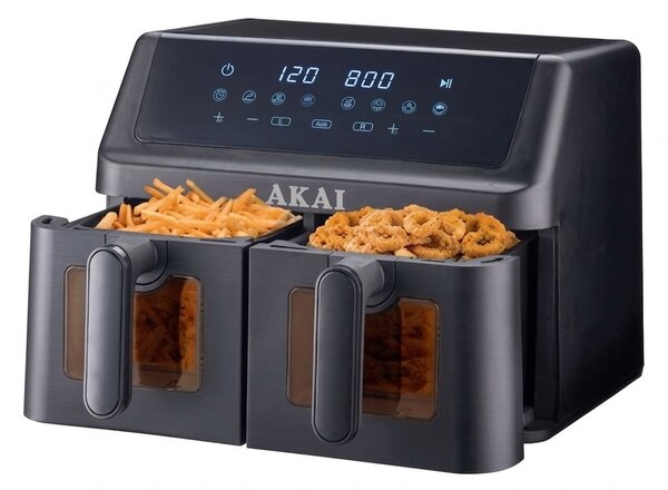 Akai Friggitrice ad Aria 10 Litri Potenza 2000W Doppio Cestello con Timer Termostato Regolabile e Griglia - AirFryer1001W