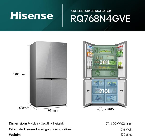 Hisense Frigorifero Americano Side by Side 591 Litri Classe E No Frost colore Argento - RQ768N4GVE