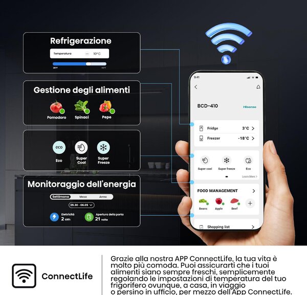 Hisense Frigorifero Combinato Capacit 413 Litri Classe Energetica C Raffreddamento No Frost Wi-Fi colore Nero - RB5P410SBFC
