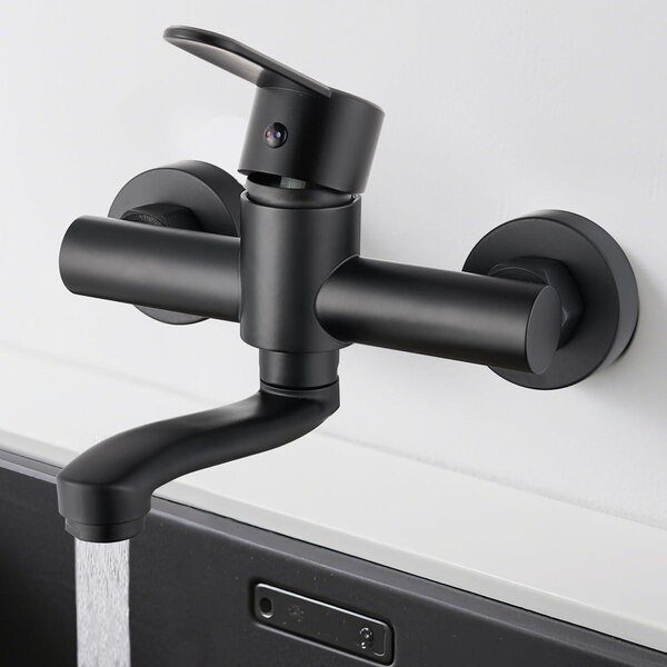 Miscelatore da cucina a parete - Rubinetto da cucina a parete - Acqua fredda e calda - Girevole a 360 gradi - Braccio girevole da 15 cm - Finitura nera opaca