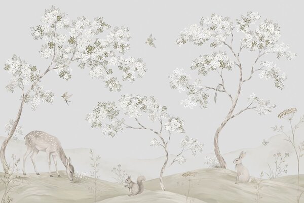 Carta da parati Alberi in fiore con un cervo, una lepre e uno scoiattolo nei toni del blu, Carta da parati Buffer, w05809v1 : Uwalls.it