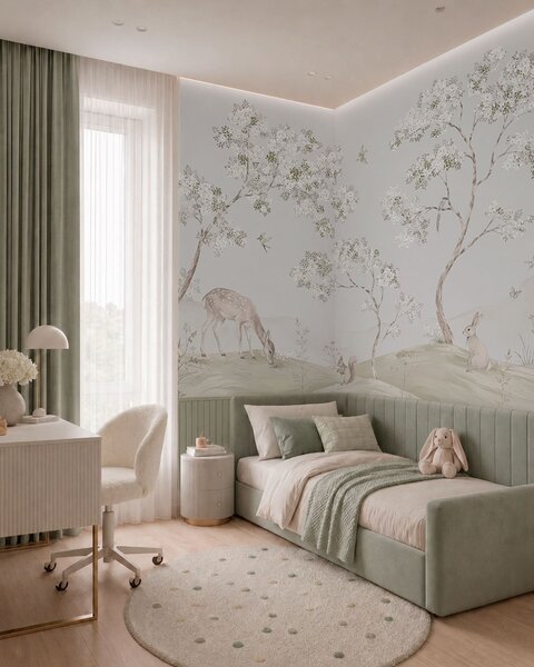 Carta da parati Alberi in fiore con un cervo, una lepre e uno scoiattolo nei toni del blu, Carta da parati Buffer, w05809v1 : Uwalls.it