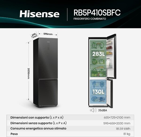 Hisense Frigorifero Combinato Capacit 413 Litri Classe Energetica C Raffreddamento No Frost Wi-Fi colore Nero - RB5P410SBFC