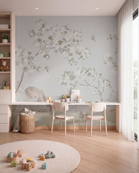 Carta da parati Alberi in fiore con un cervo, una lepre e uno scoiattolo nei toni del blu, Carta da parati Buffer, w05809v1 : Uwalls.it