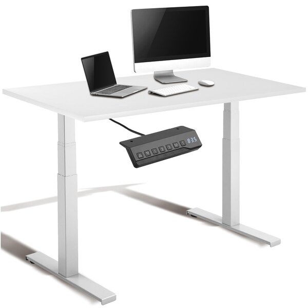 Scrivania da ufficio regolabile in altezza, colore nero, piano bianco in resina melaminica, dimensioni 160x80 cm