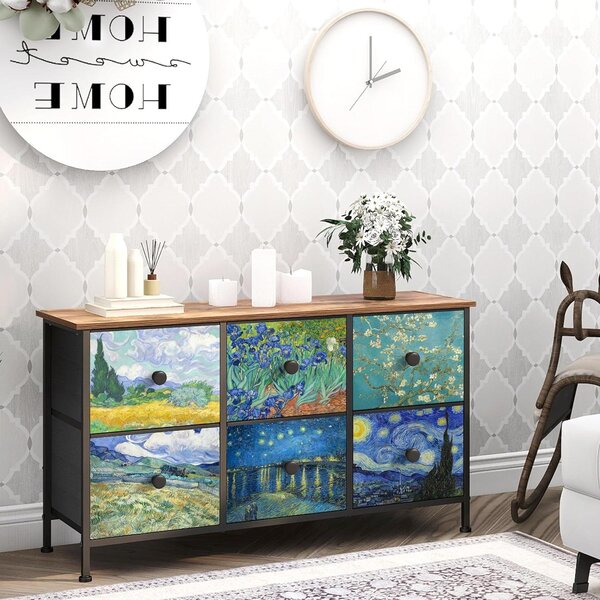 Mobiletto contenitore con 6 cassetti - Armadio contenitore/comodino - Organizzazione degli spazi - Motivo Van Gogh - 99 x 55 cm - Marrone