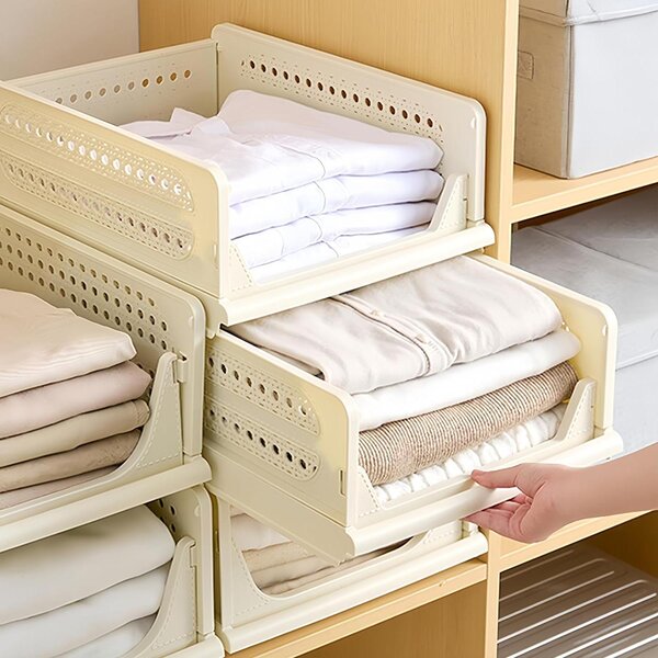 Organizzatore per cassetti - Contenitore per cassetti - Per riporre vestiti - Impilabile e pieghevole - Confezione da 3 pezzi - Beige